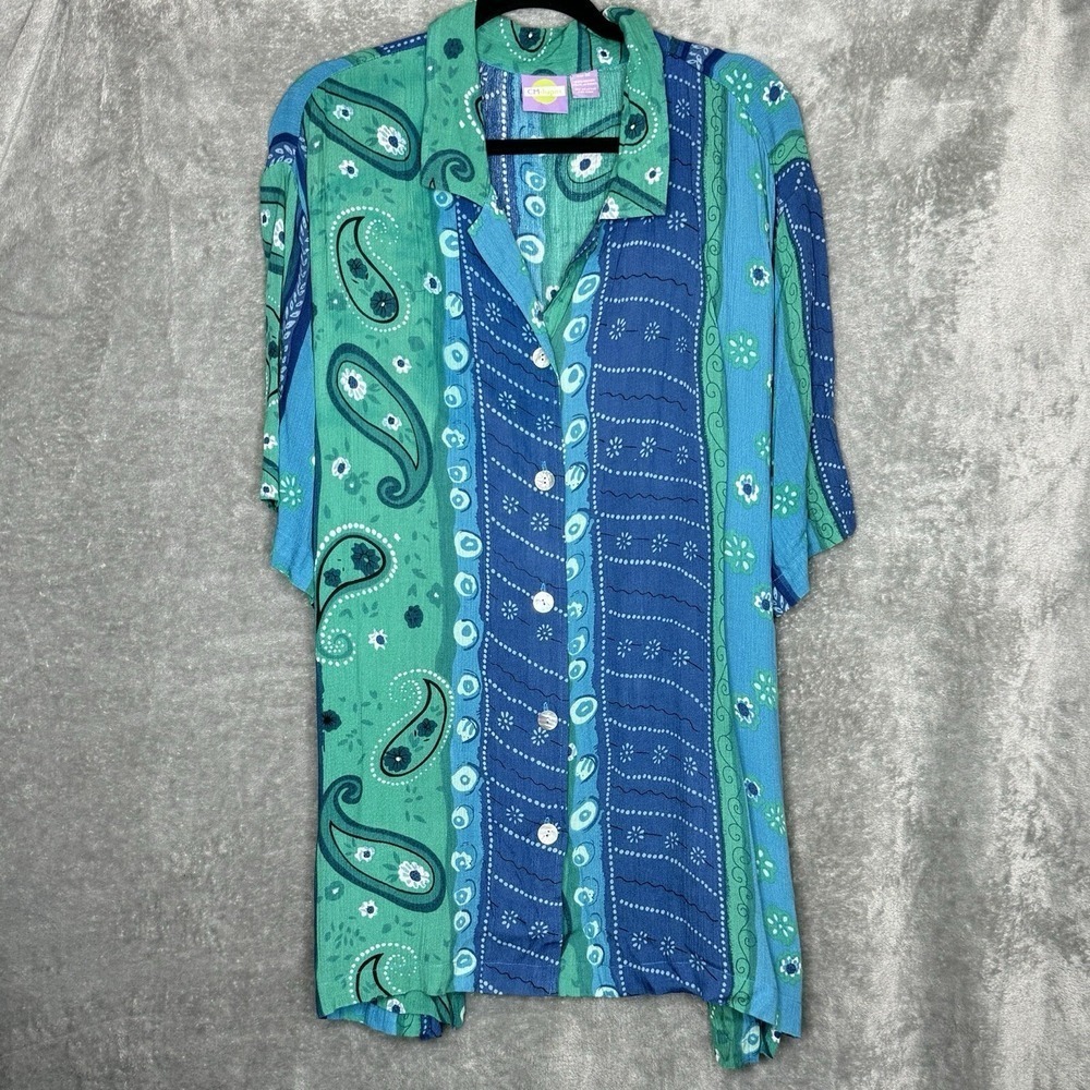 CM Shapes 3X Top Shirt Blue Green Paisley Short Sleeve V Neck Button Up Knit